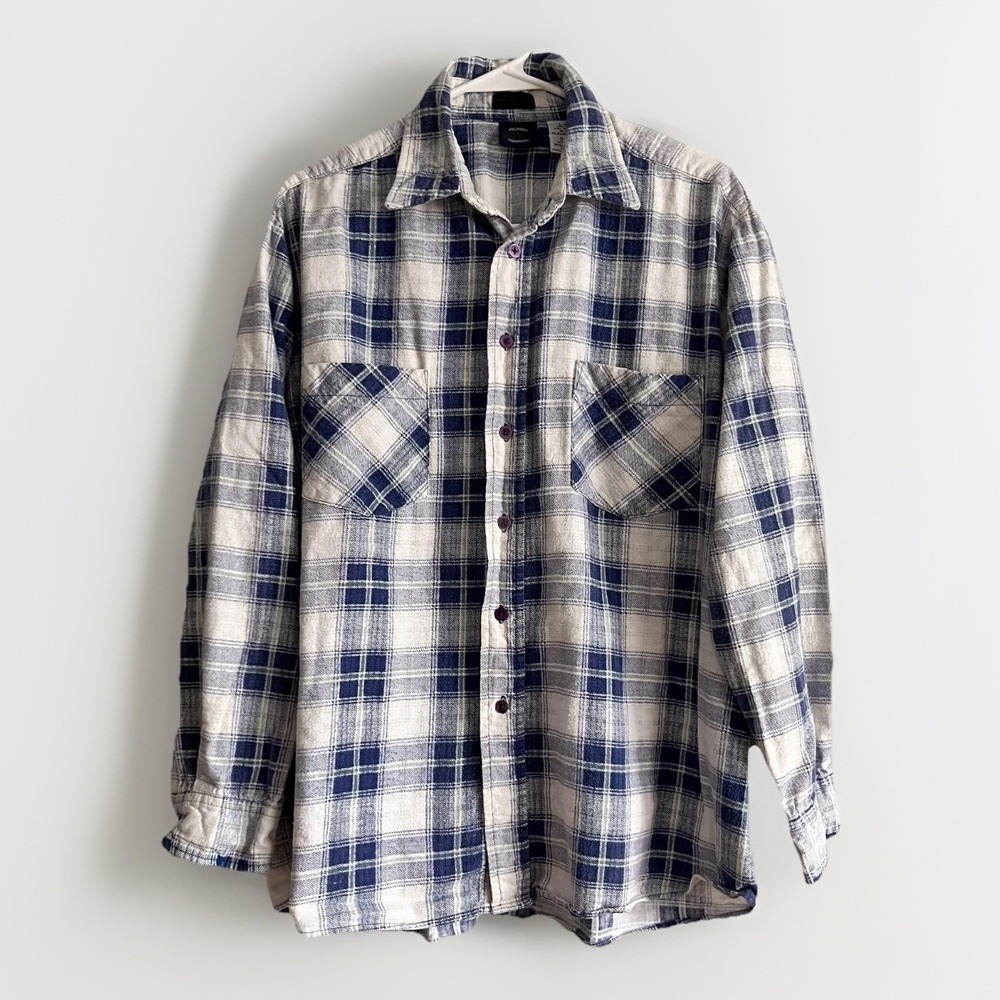 Vintage Saugatuck Shirt Mens L blue Plaid Flannel Button Up Long Sleeve Pockets